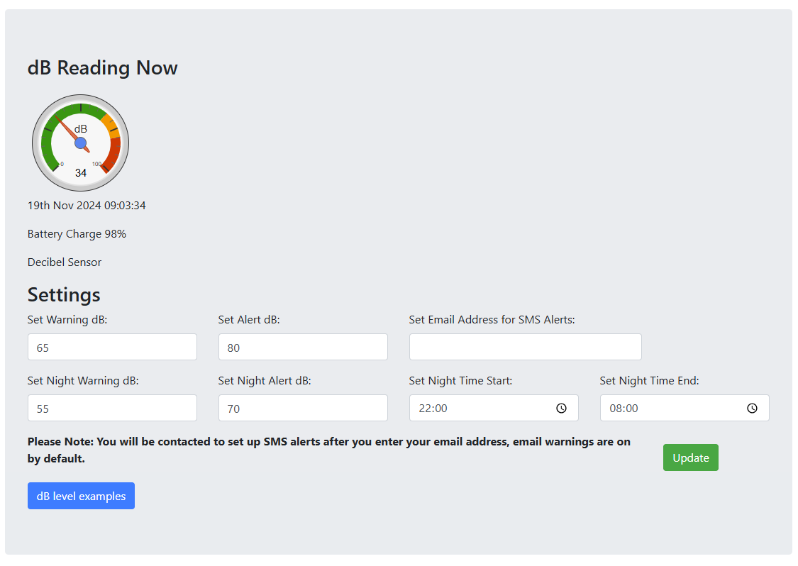 Screen shot of online control pannel